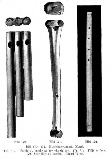 Bild 170—172. Musikinstrument. Huari.<b170. <su1</su/<su3</su "Panflöjt", består av tre visselpipor. 171. <su1</su/<su2</su. Flöjt av ben.<b172. Stor flöjt av bambu. Längd 72 cm.