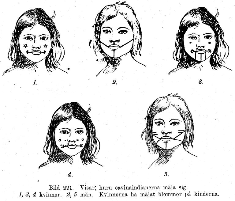 Bild 221. Visar huru cavinaindianerna måla sig.<b1, 3, 4 kvinnor. 2, 5 män. Kvinnorna ha målat blommor på kinderna.