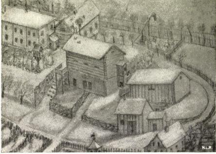 Efter tegning af Harald S. Frølich.<bLøkkebeboelse: oprindelig bebyggelse (senere -husmandsstue.) med udhuse (I 130).