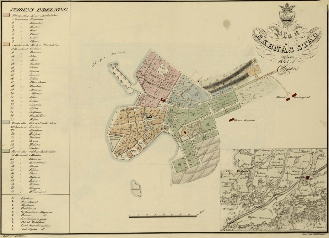 <smalLith. af A. W. Welin.                                                                                                                Stentr. hos G. O. Wasenius.</smal<bPlan af EKENÄS STAD utgifven 1843 af C. W. Gyldén.