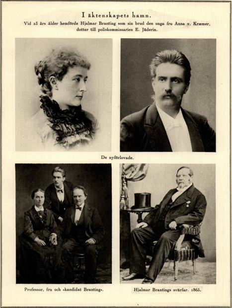 De nyförlovade.<bProfessor, fru och »kandidat Branting».<bHjalmar Brantings svärfar. 1865.