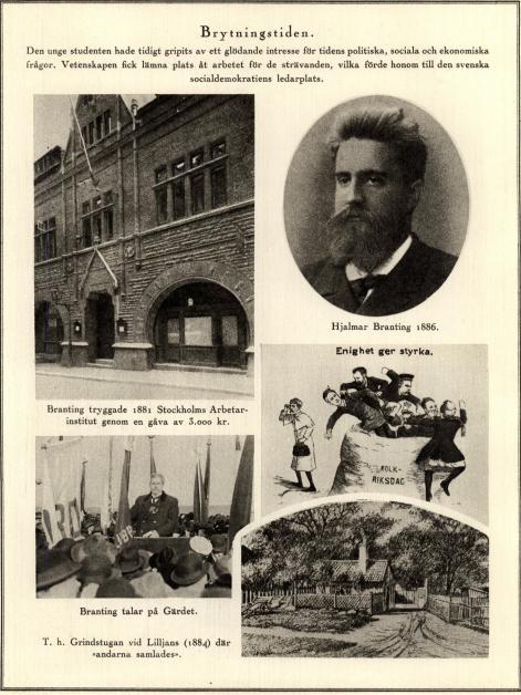 Branting tryggade 1881 Stockholms Arbetarinstitut genom en gåva av 3.000 kr.<bHjalmar Branting 1886.<bBranting talar på Gärdet.<bT. h. Grindstugan vid Lilljans (1884) där »andarna samlades».