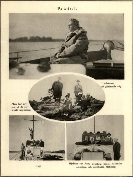 I solskenet på glittrande våg.<bMan har det bra på de solstekta klipporna.<bHej!<bHjalmar och Anna Branting, Sonja, italienska ministern och advokaten Hellberg.