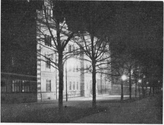 Chalmers Institute lit up at night before the Students marched to their New Institute which was officially opened by His Majesty King Gustav