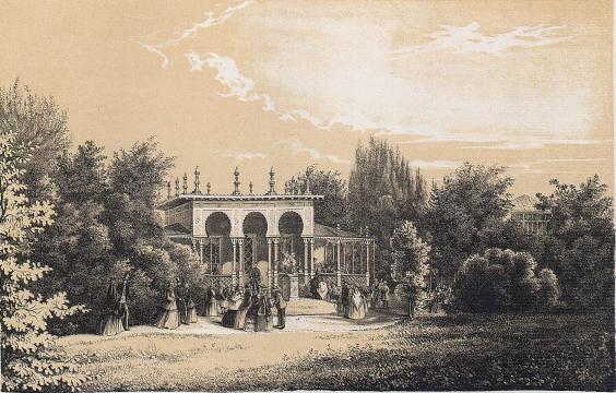 Tryckt och förlagt af Meyer & Köster. Lithogr. Atel. i Götebg.<b<biSVEITZERI PAVILJONG</bi<b(Trädgårdsföreningens Park).