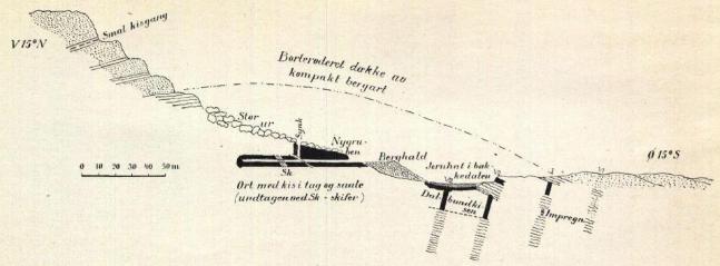 Fig. 4.<bProfil over Skorovas kisfelt. – Profilet et trukket over Nygrubens stoll og borkullene nr. VII, VIII, I og VI. – Kisen i Nygrubens stoll (eller ort) og opsynk samt i borhullene VIII, VII og I er betegnet ved en tyk sort strek, langs ortens og synkens sider og langs borhullene. Kiselstokkenes begrænsning er ikke angivet. –Jernhatten i bunden av bækkedalen er betegnet ved dobbelt-schraffering. – i borhul nr. I: Impregn.=impregnation. Fig. 4.<bProfil over Skorovas kisfelt. – Profilet et trukket over Nygrubens stoll og borkullene nr. VII, VIII, I og VI. – Kisen i Nygrubens stoll (eller ort) og opsynk samt i borhullene VIII, VII og I er betegnet ved en tyk sort strek, langs ortens og synkens sider og langs borhullene. Kiselstokkenes begrænsning er ikke angivet. –Jernhatten i bunden av bækkedalen er betegnet ved dobbelt-schraffering. – i borhul nr. I: Impregn.=impregnation.