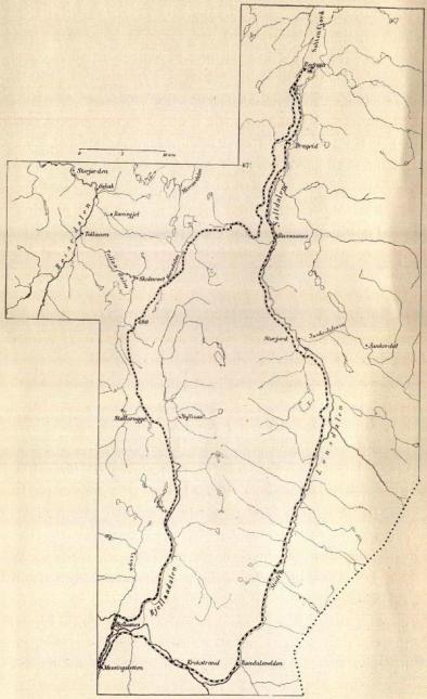 Fig. 2. Kartskisse over Bjellaadals- og Lønsdalslinjen, tegnet efter den nye gradavdelings karter.