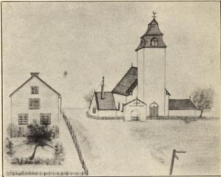 Årdala kyrka och klockargård. Teckning av Axel Strindberg. Årdala kyrka och klockargård. Teckning av Axel Strindberg.