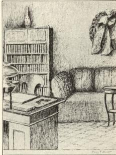 August Strindbergs skrivrum. Teckning av Fanny Falkner.