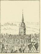 Fig. 32. Helligaands-Kirken med dens nye,<baf Chr. Valkendorf opførte Taarn.<bSet fra Blaataarn o. Aar 1600.<b(Billed af Johan Classen van Wyck<bi Nationalmuseets Arkiv.)