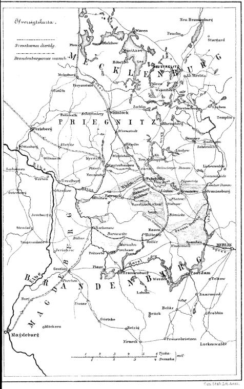 Öfversigtskarta.<bSvenskarnes återtåg.<bBrandenburgarnes marsch.