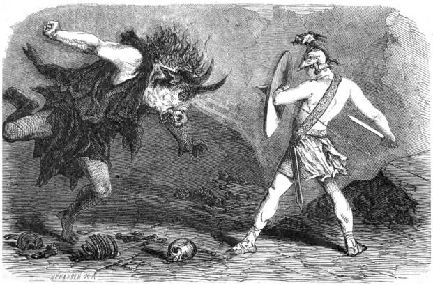 <smalIll. H. P. HANSEN, X.A.</smal<bMinotaurus varseblir Theseus och sänkte sina spetsiga horn, likasom en ilsken tjur.