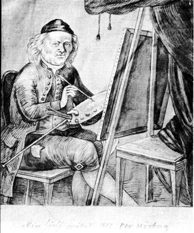 ﻿Självporträtt vid staffliet. Teckning 1807. Växjö fornsal