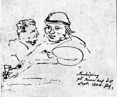 ﻿Pehr Hörberg på Bacchi hof i Norrköping.<bTeckning 1806. Linköpings stads museum