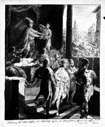 ﻿”Christi dödsdom af Pilatus, som twår sina händer”,<bskiss till altartavla i Västerlösa kyrka i Östergötland.<b1798. Nr 26.
