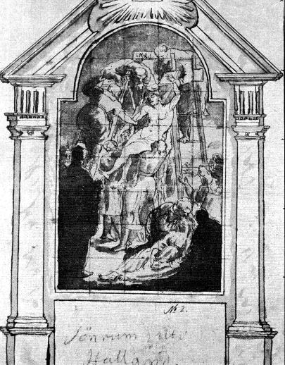 ﻿”Christi nedtagande af korset”, skiss till altartavla i<bSöndrums kyrka i Halland. 1787. Nr 3.