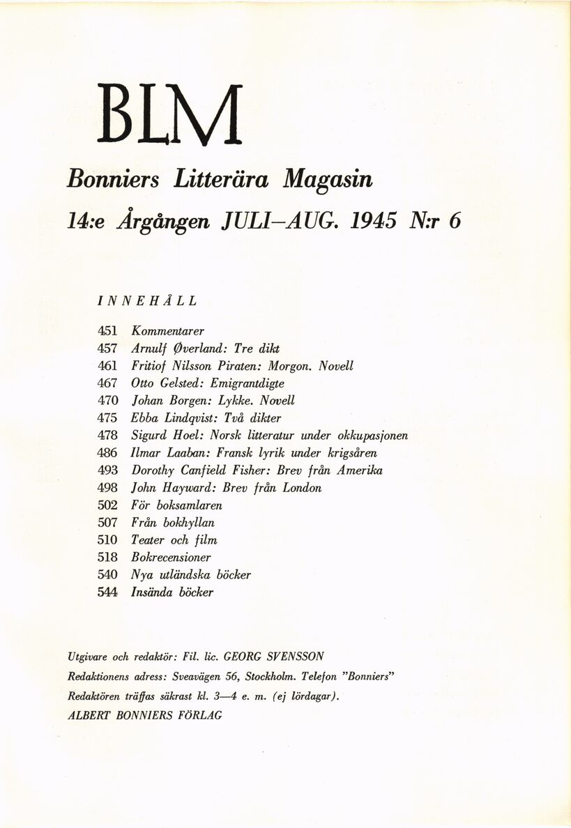 449 (Bonniers litterära magasin / Årgång XIV. 1945)