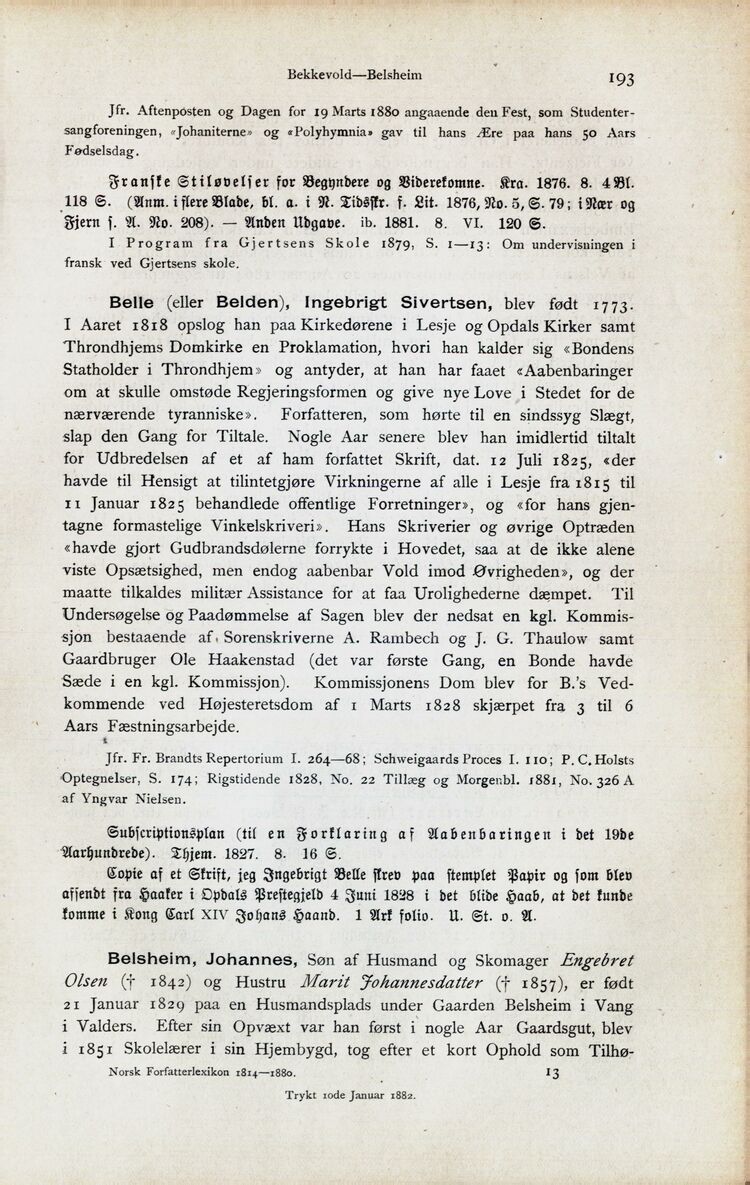 Dwelling Reporter Til ære for 193 (Norsk Forfatter-Lexikon 1814-1880 / Første Bind. A-B)