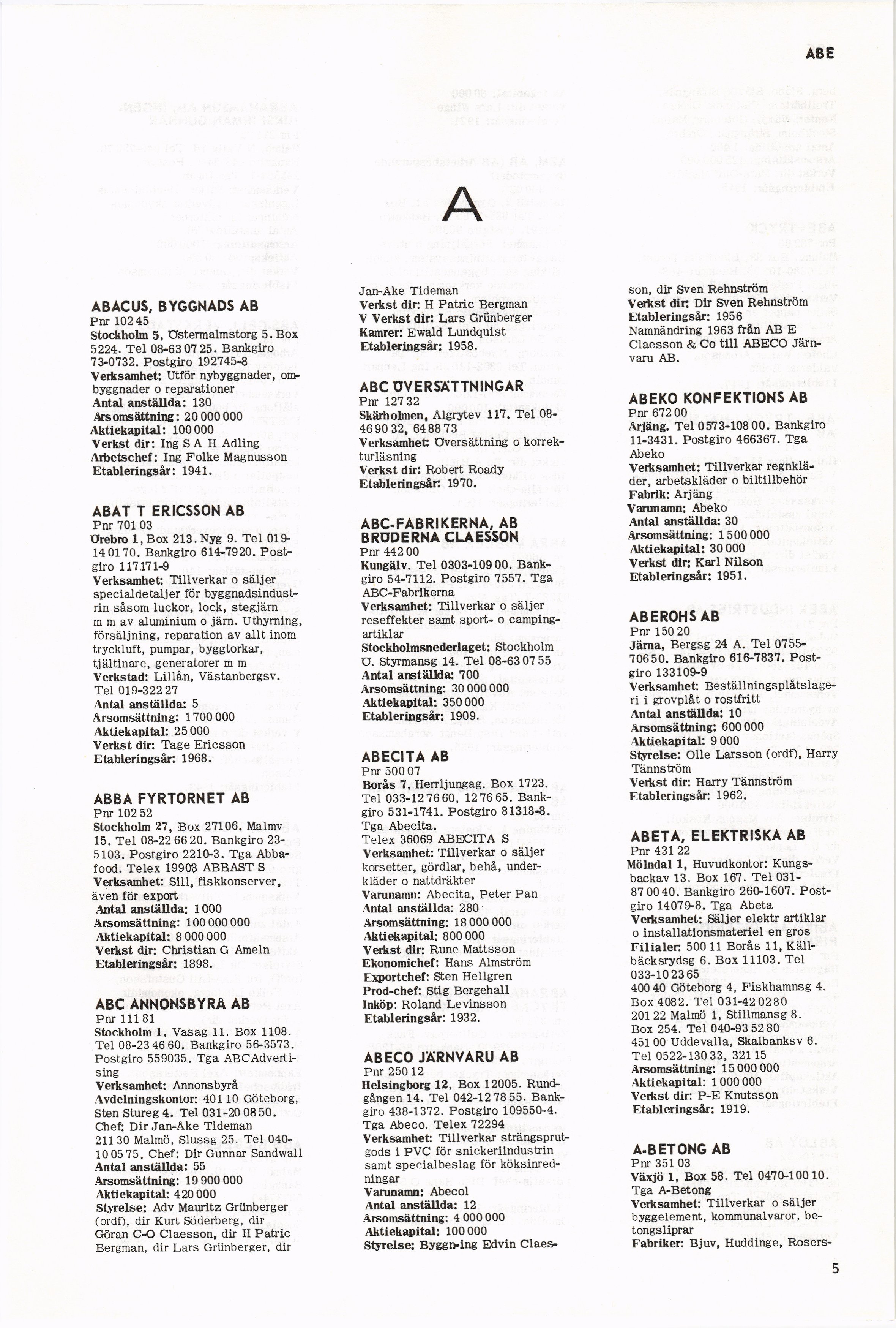 5 (Sveriges handelskalender / Årgång nittioett. 1971. Alfabetiskt  firmaregister)