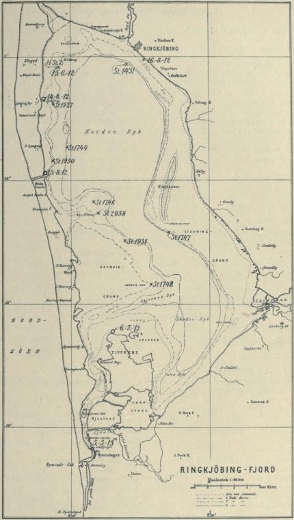 Fig. 6. De vigtigste Pladser i Ringkøbing Fjord, hvor fossile Mollusker er fundne.<bx Materiale fra Overfladen optaget med Travl, Skraber etc.<bo Materiale optaget af Sandsuge-Dampere.