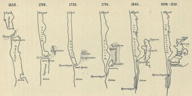 Fig. 8. Nymindegabs Vandring mod Syd fra ca. 1650 til 1845 (efter Rambusch) og dets Beliggenhed fra 1898 til 1910.