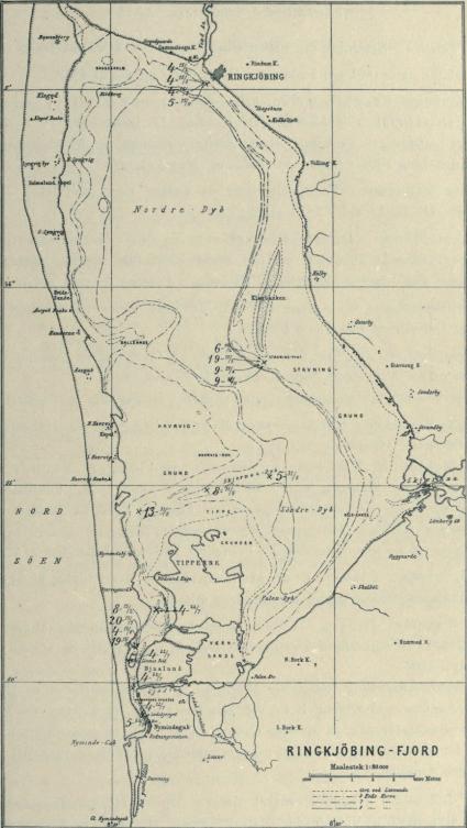 Fig. 10. Observationer angaaende Overfladevandets Saltholdighed i Promille Ringkøbing Fjord i 1898. Efter Rambusch.
