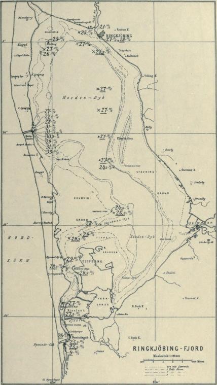 Fig. 14. Observationer angaaende Overfladevandets Saltholdighed i Promille i Ringkøbing Fjord mellem 27. Maj og 16. Juni 1911. Se Tabel I. Serie IV A.<bEn Streg under Tallet betyder, at Saltholdigheden er bestemt ved Titrering.