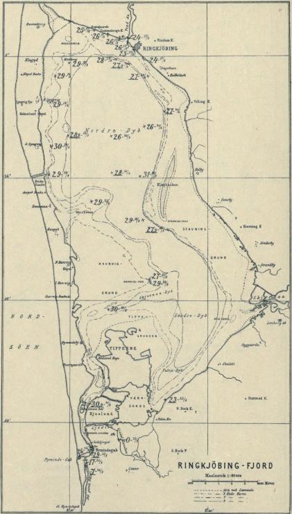 Fig. 16. Observationer angaaende Overfladevandets Saltholdighed i Promille i Ringkøbing Fjord mellem 16. og 22. August 1911. Se Tabel I. Serie IV B.<bEn Streg under Tallet betyder, at Saltholdigheden er bestemt ved Titrering.