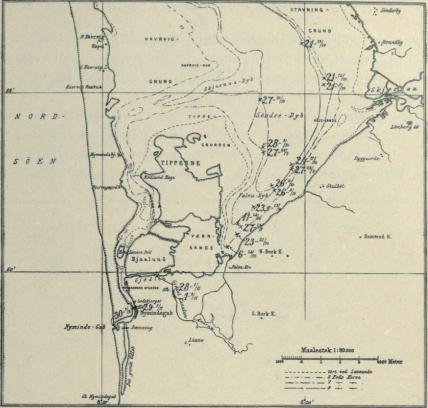 Fig. 16. Observationer angaaende Overfladevandets Saltholdighed i Promille i den sydlige Del af Ringkøbing Fjord mellem 23. September og 3. November 1911. Tabel I. Serie V.