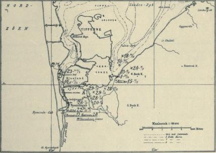 Fig. 17. Observationer angaaende Overfladevandets Saltholdighed i Promille i den sydlige Del af Ringkøbing Fjord mellem 6. November 1911 og 26. Marts 1912. Tabel I. Serie VI.