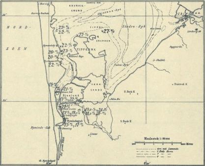 Fig. 18. Observationer angaaende Overfladevandets Saltholdighed i Promille i den sydlige Del af<bRingkøbing Fjord mellem 8. April og 18. Juni 1912. Tabel I. Serie VII.