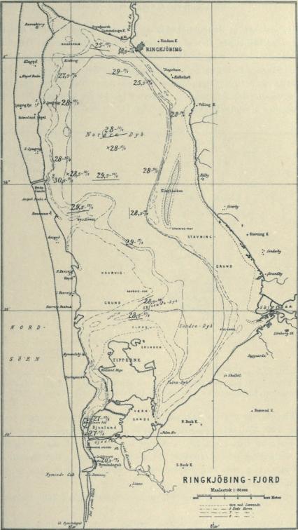 Fig. 19. Observationer angaaende Overfladevandets Saltholdighed i Promille i Ringkøbing Fjord mellem 13. og 19. August 1912. Tabel I. Serie VIII.