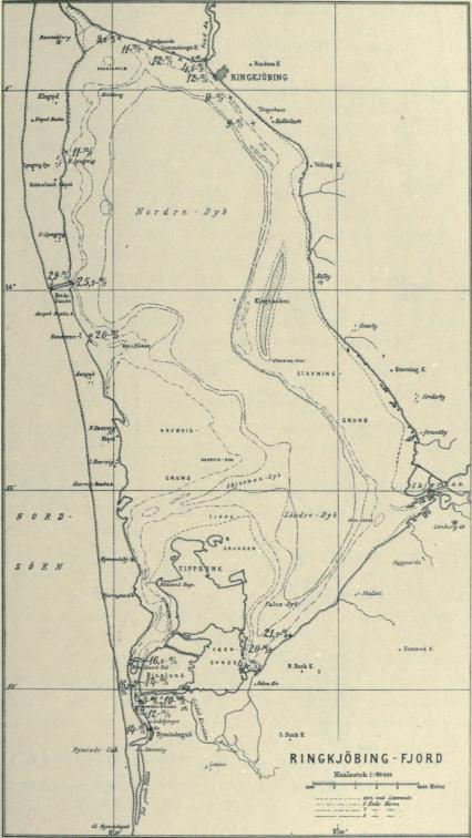 Fig. 21. Observationer angaaende Overfladevandets Saltholdighed i Promille i Ringkøbing Fjord mellem 11. Januar og 25. Februar 1913. Tabel I. Serie X.
