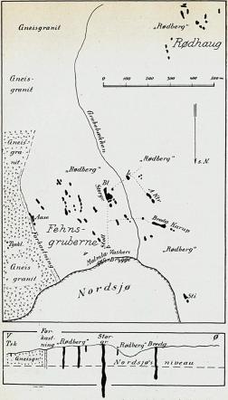 Fig 4. Kart over Fehnsfeltet med noget skematisert profil over partiet Bredgangen–Storgangen–Tysklandsgruberne.<bBredg. = Bredgangen. A. Ktr. = Anna Katrine. L. = Lichtloch. Bl. = Bolla. Tyskl. = Tysklandsgruberne (eller skjærpene). Paa kartet er grundstollen og noget av dens forgrenninger angit ved punktering. Paa grund av tildækning er grænsen mot gneisgraniten kun indtegnet i feltets nordre del.