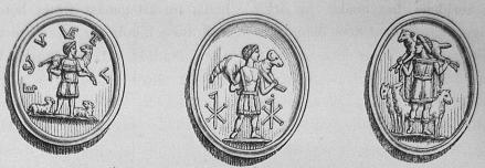 183. Ädelstenar med utskärningar afbildande den gode herden.<b(Sannolikt tillhörande Constantini den Stores tid.)