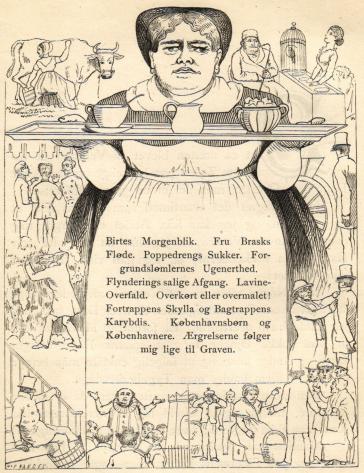 <smalBirtes Morgenblik. Fru Brasks<bFløde. Poppedrengs Sukker.<bForgrundslømlernes Ugenerthed.<bFlynderings salige Afgang.<bLavine-Overfald. Overkørt eller overmalet!<bFortrappens Skylla og Bagtrappens<bKarybdis. Københavnsbørn og<bKøbenhavnere. Ærgrelserne følger<bmig lige til Graven.</smal