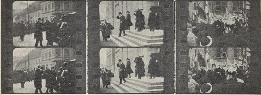 Bild 68. Från Trekonungarsmötet i Malmö den 18 och 19 dec. 1914.<ba) Till gudfstjänst i S:t Petri kyrka.        b) Besöket i Realskolan.        c) Besöket i Johannes folkskola.<b(Filmfragmenten något förstorade. Negativet tillhör Biografbolaget, Malmö)<a href=