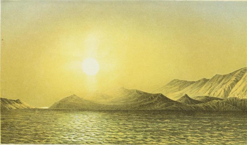 J. Steeple Del.                                                                                                M. & N. Hanhart, Chromo Lith.<b<biTHE MIDNIGHT SUN _ NEAR HAMMERFEST.</bi<bPublished by Smith, Elder & C<suo</su 65, Cornhill, London. 1859.