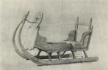 Bild 8. Teckning av släde från Ervalla socken, Västmanland. Signerad J. F. Linder 1868.<bI Nordiska museet. Bild 8. Teckning av släde från Ervalla socken, Västmanland. Signerad J. F. Linder 1868.<bI Nordiska museet.