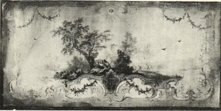Bild 2. Målat väggfält från förmaket, Järntorget 83. Antoine Watteaus art, 1750-talet. Nu i Nordiska museet.