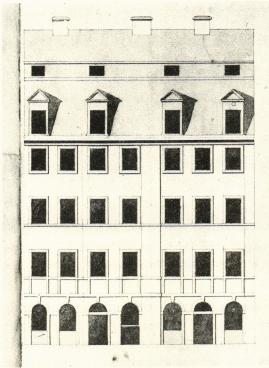 Bild 3. Järntorget 83, fasadritning i Byggnadsnämndens arkiv.<bInlämnad av murarmästaren I. H. Wahlberg 1752.