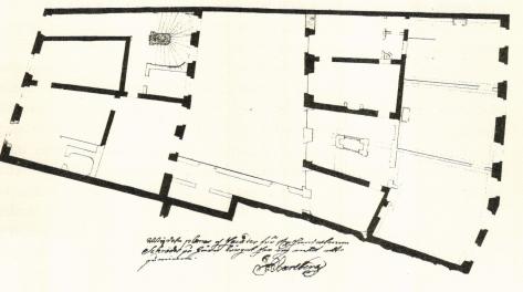 Bild 4. Järntorget 83, plan av våningen en trappa upp. Ombyggnadsritning 1752 av I. H. Wåhlberg.<bTill höger mot gatan i fil nedifrån salen, förmaket och sängkammaren.