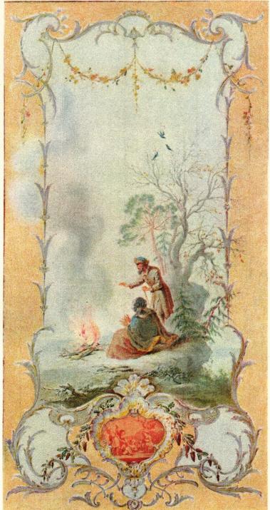 Pl. III. Målat väggfält, symboliserande vintern.<bFrån »förmaket» i Roland Schröders hus vid Järntorget.<b<smalSvenskt arbete, 1750-talet. I Nordiska Museet.</smal