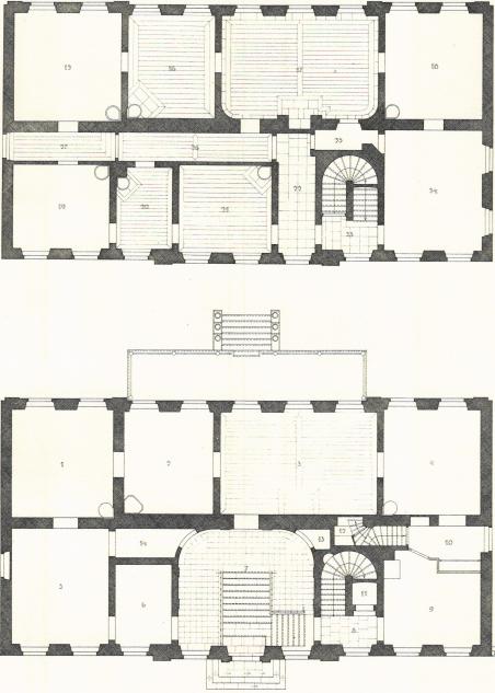 Bild. 11—12. Kristineberg, planer av huvudbyggnaden. Skala 1: 200.<b<smalBottenvåningen: 1. Sängkammare. 2. Förmak. 3. Sal. 4. Kammare. 5. Kabinett.<bÖvre våningen: 15. Gröna kammaren. 16. Blå kammaren. 17. Salen. 18. Kinesiska kammaren. 19—21. »Jungfrurnas rum». 24. Röda kabinettet.</smal