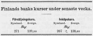 <biFinlands banks kurser under senaste vecka.</bi<b——<bFörsäljningskurs.                Inköpskurs.<bRyssland. Sverge.                Ryssland. Sverge.<b[fmk.]                                [fmk.]<b271        139,30                267        138,60