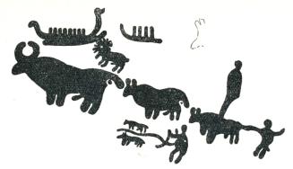 Fig. 36. Plöjning med krok. Hällristning i Bohuslän. Fig. 36. Plöjning med krok. Hällristning i Bohuslän.