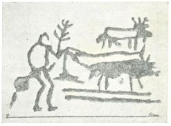 Fig. 37. Plöjning med sulårder.<bHällristning i Bohuslän. Fig. 37. Plöjning med sulårder.<bHällristning i Bohuslän.