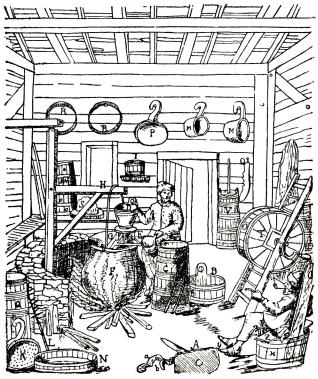 Fig. 62. Schweiziskt mejeri år 1705. Efter <span class=