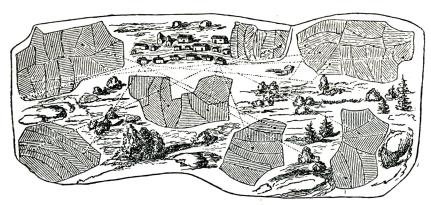 Fig. 81. Vestlandsgárd i tegblandning. De prickade linjerna visa belägenheten av<b2 gårdars tegar. (Efter <span class=