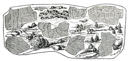 Fig. 81. Vestlandsgárd i tegblandning. De prickade linjerna visa belägenheten av<b2 gårdars tegar. (Efter <span class=